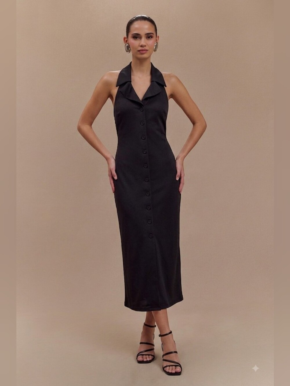 Y2K Halter Midi Dress with Button-Front